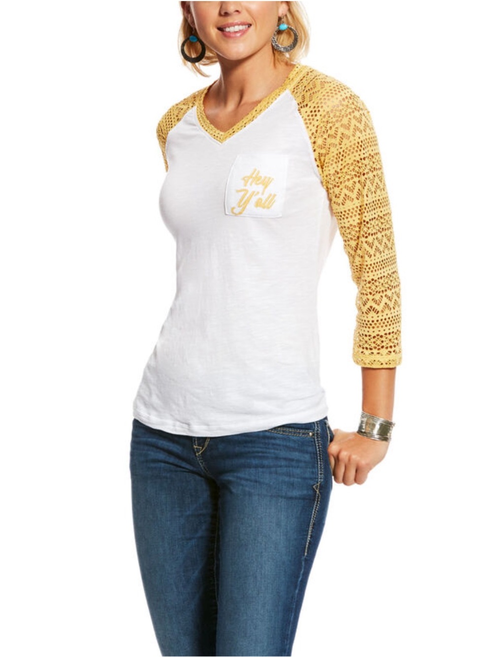 Ariat White Tee with Yellow Crochet Raglan Sleeves